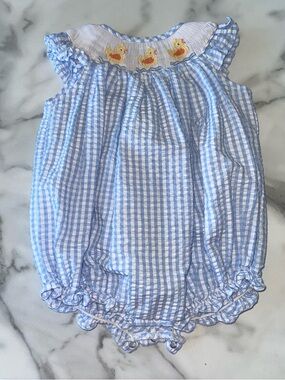 Smocked Duck Blue Gingham Baby One-Piece Romper